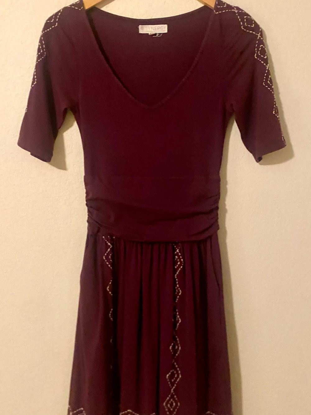 Synergy Organic Clothing Plum V-Neck Midi Dress with Embroidery Detail